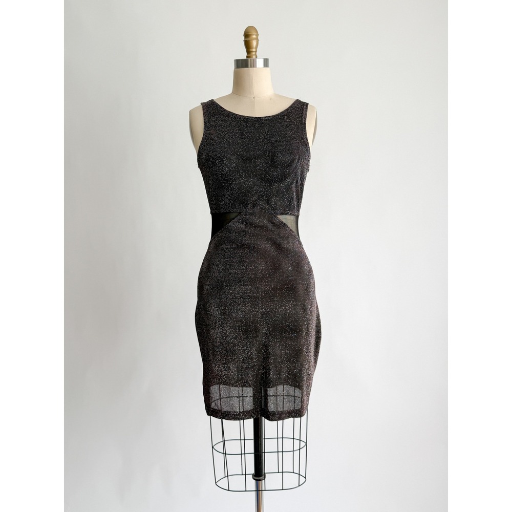 All That Jazz Bodycon Dress Vintage 90s Glitter Mesh Cutout Medium Black Sparkle